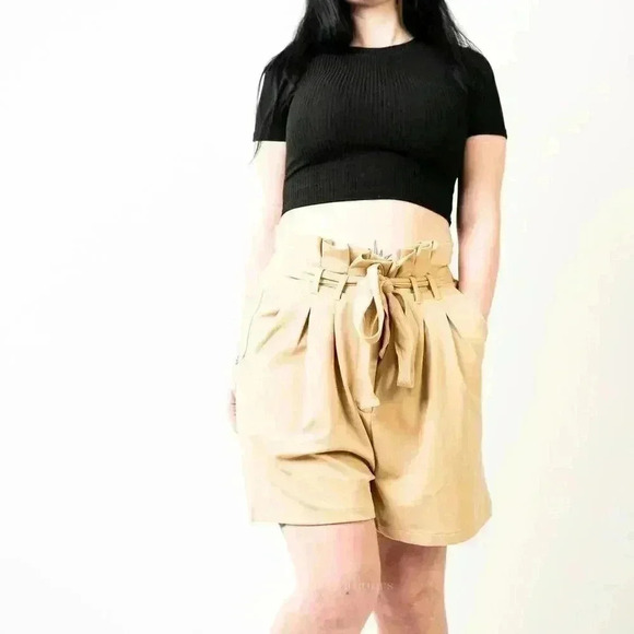 Venus Tan Paper Bag Cinched Tie Waist Shorts - Picture 3 of 6